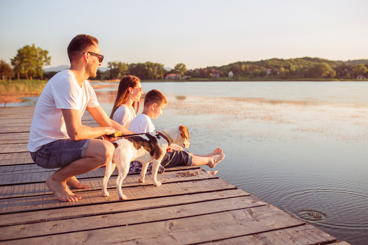 rodzina z psem nad jeziorem