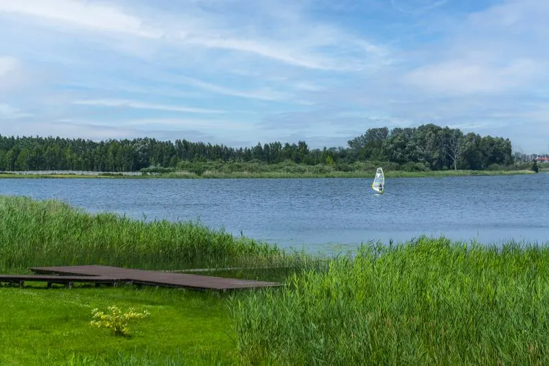 Jezioro Łabędź z drewnianym pomostem, trzcinami wzdłuż brzegu i żaglówką na wodzie